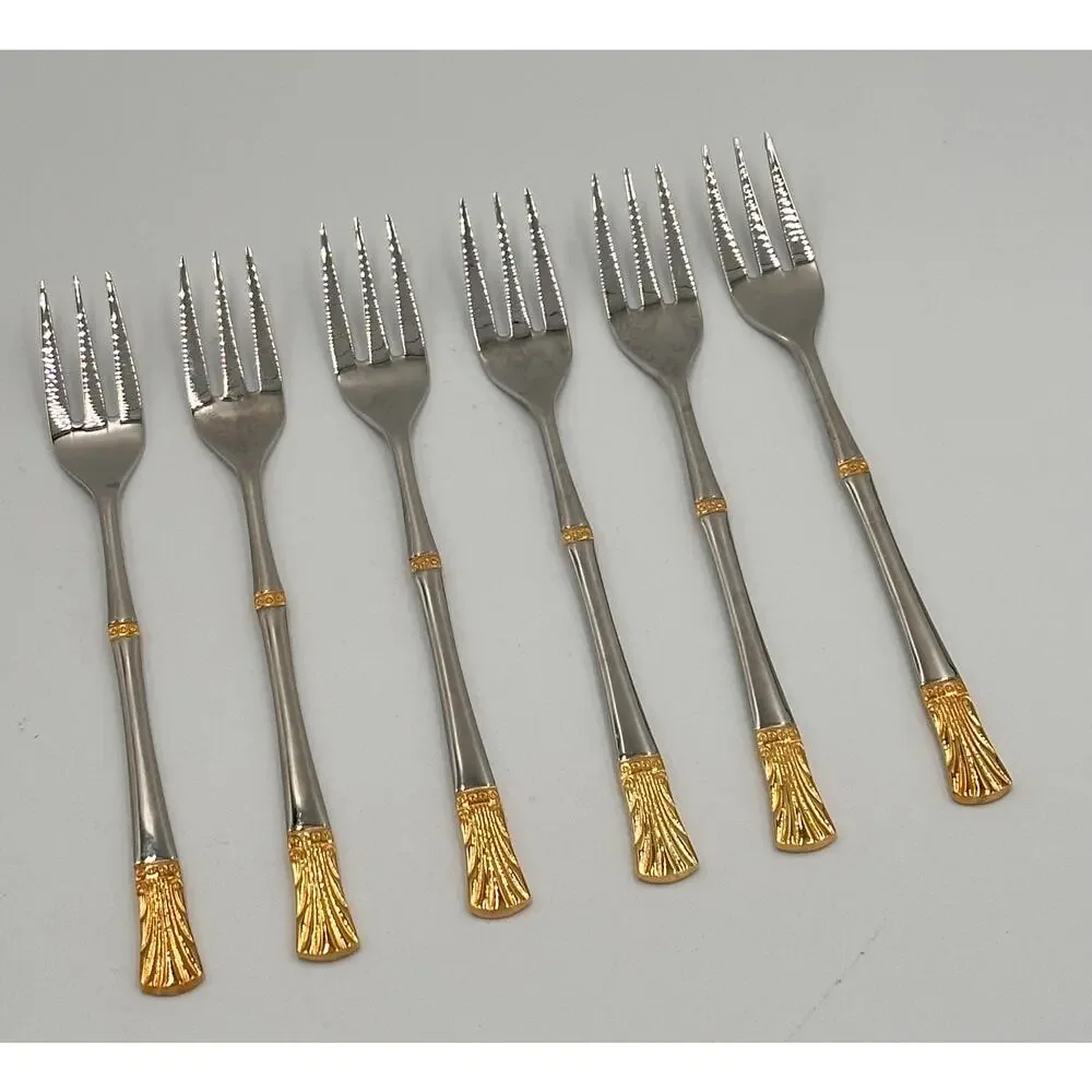 Baek San Royal Seafood Dessert Appetizer Stainless Steel Gold Trim Forks 6pc Set